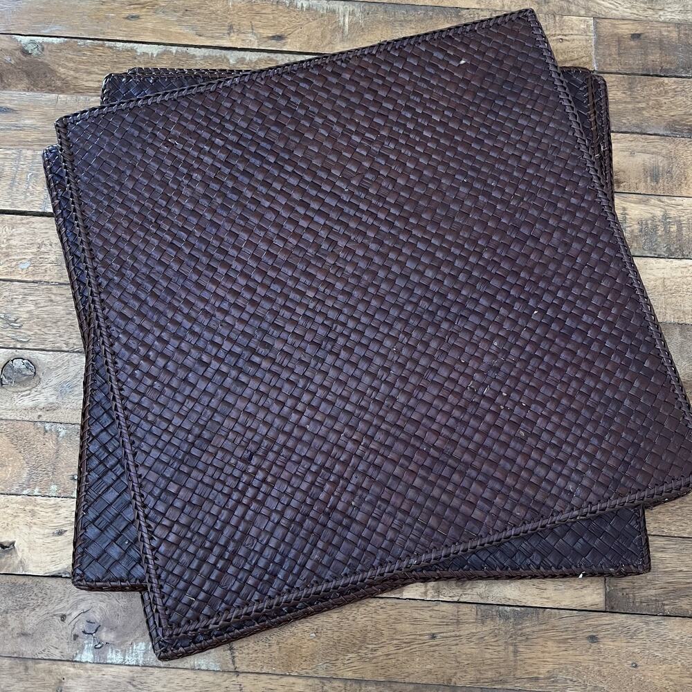 Vintage Hand-Woven Rectangular Rattan Placemats 14"x14" Set of 4